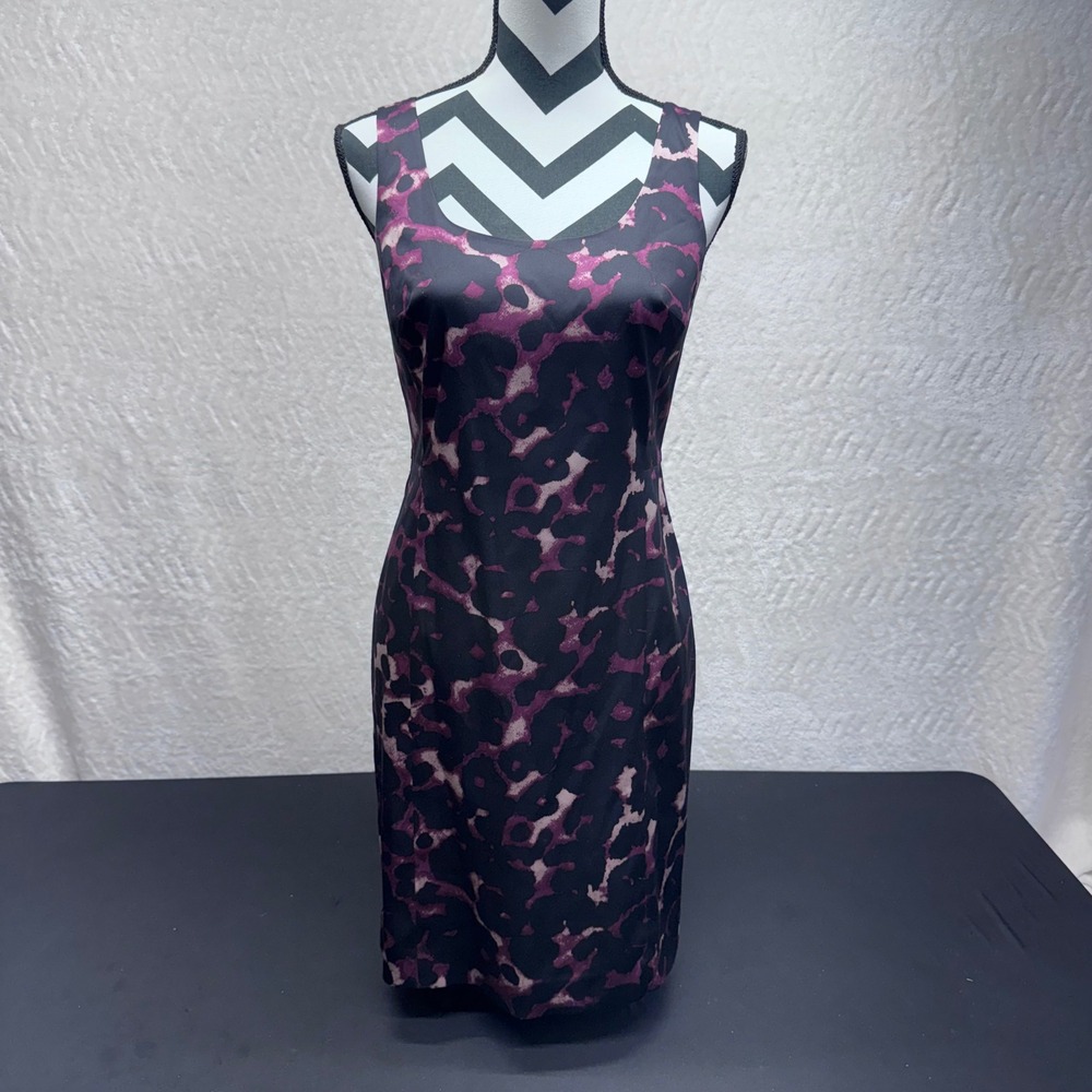 Ann Taylor Petite Purple Black Silk Blend Leopard Print Sheath Dress 4P